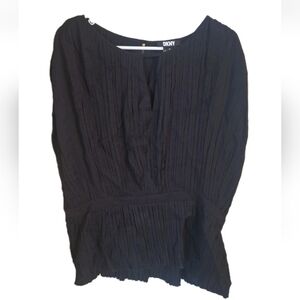 DKNY Black Pleated Peplum Ruched Waist Cap Sleeve Top Womens Size XL EUC